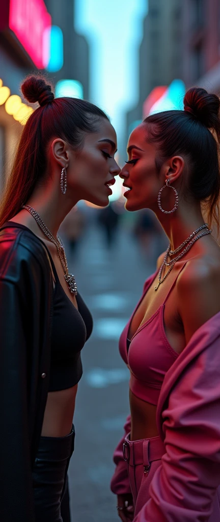 a staged beatbox battle between 2 beautiful women, detailed facial features, detailed skin, detailed clothing, dynamic poses, intense expressions, urban city background, neon lights, cinematic lighting, vibrant colors, high contrast, gritty, street art style, hyper realistic, 8k, best quality, masterpiece