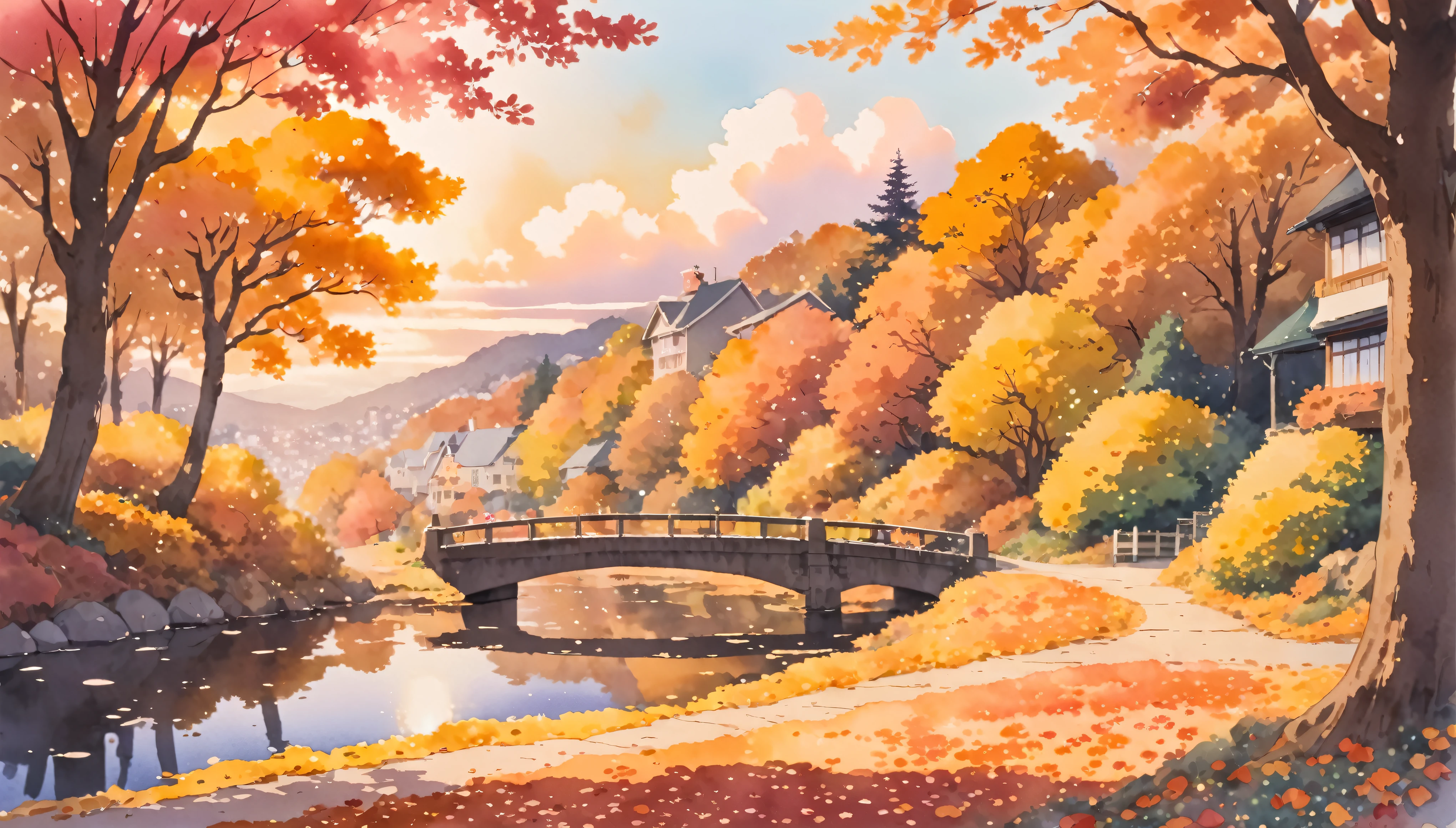 ultrawide Cozy autumn aesthetic fall,Studio ghibli inspired,Watercolor,no people,Lofi,Cute