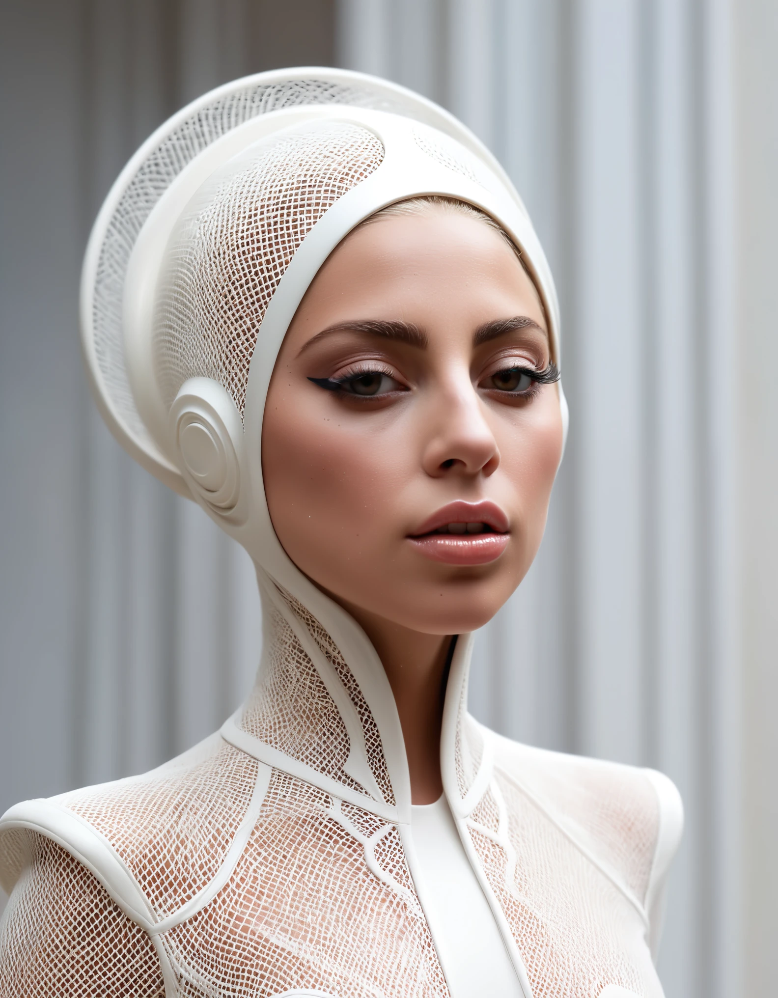 young Caucasian Lady Gaga, beautiful, Minimal, white on white, dynamic, stark, light and shade, clean, linen see through, subliminal, caught off guard passing by a passing glance, motion jitter leaving multiple traces, motion echo, shifting through time and space, masterpiece, best quality, best detail, best resolution, realistic, depth of field, dust particles, extremely detailed futuristic alien, human head, science fiction 