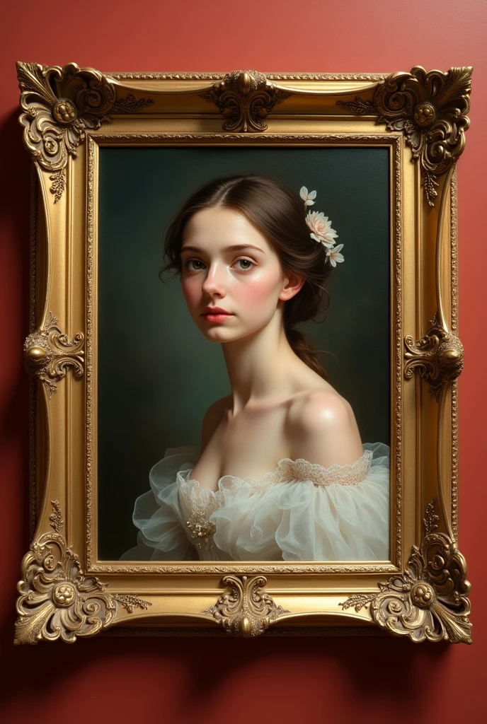 A beautiful gold frame with a painting of a girl in it was on the wall in the far corner museum.