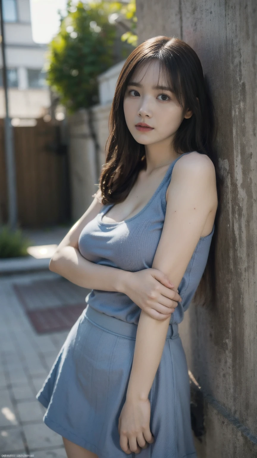 ((1girl)), woman, masterpiece, best quality, highest quality, cinematic lighting, (volumetric lighting), extremely detailed CG unity 8k wallpaper, focused, 8k wallpaper, extremely detailed, ultra realistic, photorealistic, sharp focus, absurdres, (HDR:1.2), (high contrast), photograph, detailed and intricate, instagram, portrait, highly detailed, digital painting, artstation, concept art, smooth, sharp focus, illustration, cinematic lighting, (big breast:1.3), (((skinny, slim legs))), (japanese idol posture), (knit strap tank top, mini skirt, open shoulder, open chest, cleavage), looking at the viewer, ((indian pose)), ((Medium body shot, hip level shot)), long hair, ((leaning on a wall)), beautiful eyes.
