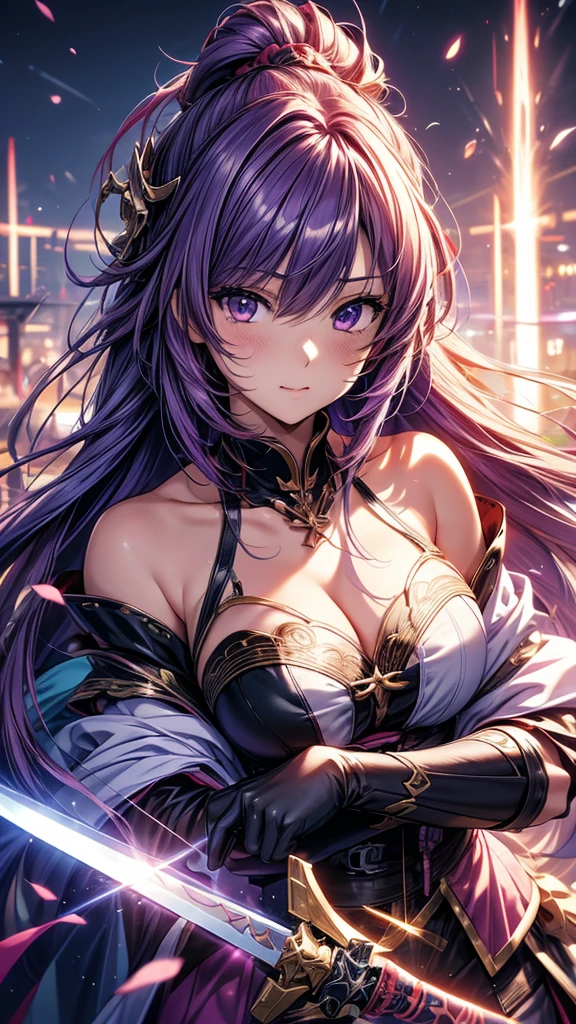 Long-haired and purple-haired anime character holding a sword, Best anime 4k konachan wallpaper, Anime Goddess, Anime Art Wallpapers 8K, Anime Style 4k, anime art wallpaper 4k, anime art wallpaper 4k, Portrait of a girl in the Knights of the Zodiac, Detailed digital anime art, Detailed anime art, anime wallpaper 4k, anime wallpaper 4k、masterpiece,best quality,ultra detailed,high-resolution,8k portrait,unity 8k wallpaper,extremely detailed CG unity 8k wallpaper