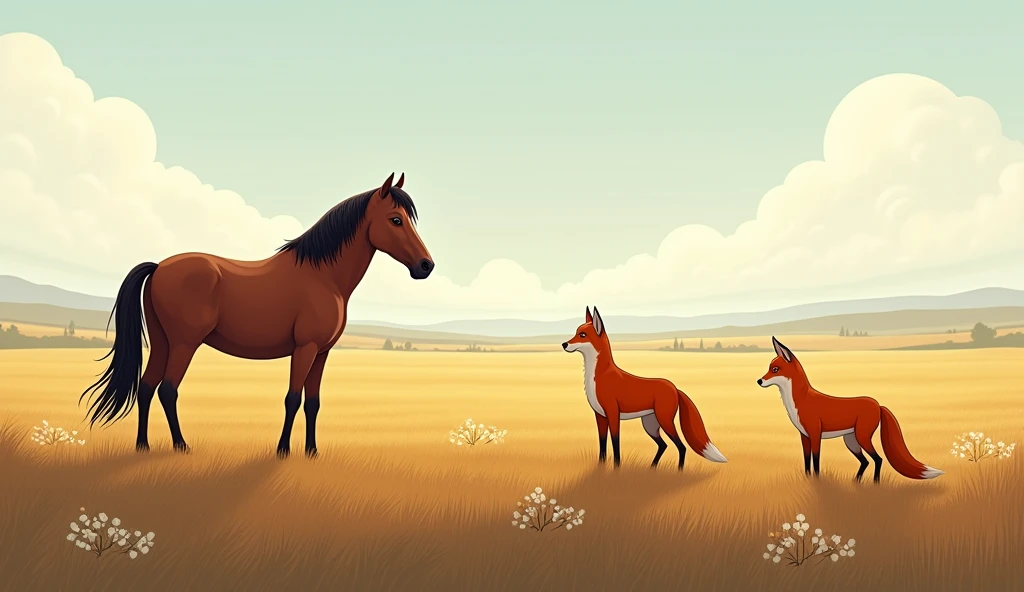 one horse, a coyote and a fox in a prairie setting.