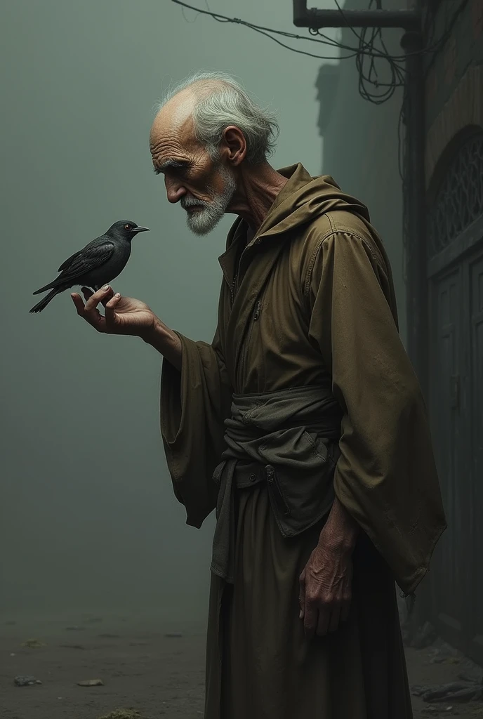 A tired, gloomy, withered person with a bird on his hand