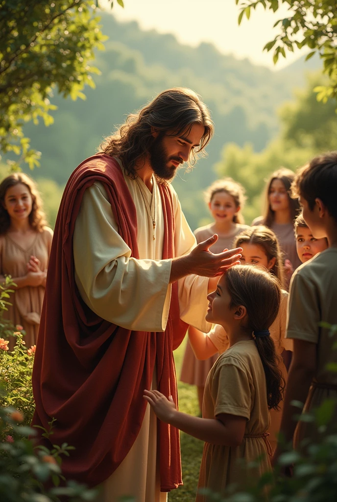 Jesus blesses children and people