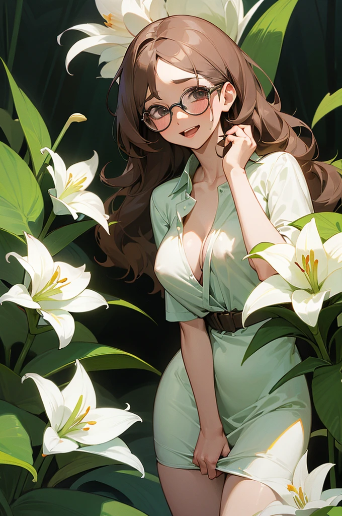 (a woman and an exotic plant in a forest) full image, a young female botanist, long wavy brown hair with glasses, her mouth slightly open, drool flowing from her mouth, a surprised but happy woman, a big breast , blouse a little open, look near a white lily, in an exotic forest, (a plant with a big white lily), ((the flower hypnotizes the woman)), on this white shirt on the chest, woman to sexually exit, a herb with a small needle coming out of the plant comes to prick the woman's nipples, hentai , sex, young girl