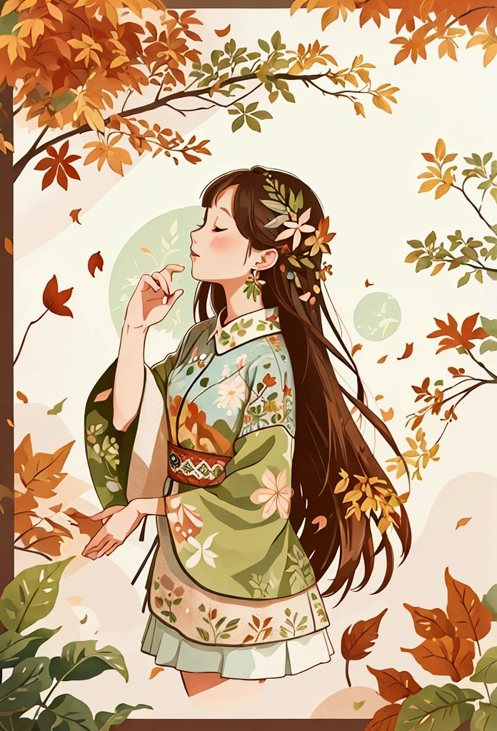 A nature scene, colorful petals and leaves all over the place, cross-stitch pattern, flat sticker design