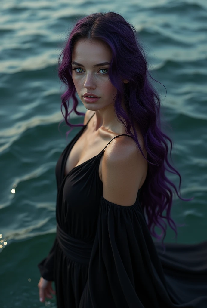 English woman,skin fair,sparkling green eyes,dark purple hair,black greek dress goddess,coming out of the black sea,cinema image,品質,full body images,detailed,without wrinkle