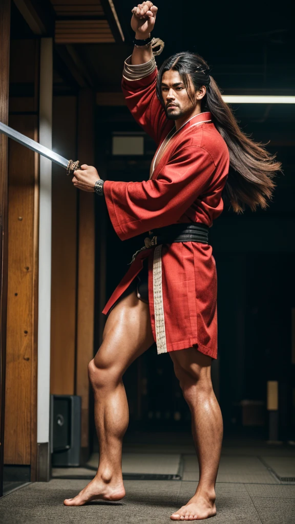 Realist:1.3,( photograph, Realist, 8k, RAWphotograph, Premium Quality, masterpiece, Spectacular lighting, Centered Images), (Held in both hands２Fight by swinging a long sword, Two-Way), (whole body), (Young people), (Disheveled brown long hair), (Wearing a Japanese kimono), (ハンサムな日本のYoung people, Confident、Trained muscles., Wild man and body with perfect details), cyber punk, bad, barefoot, Samurai, Tokyo, Shibuya Ward,