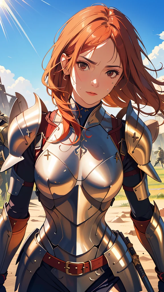 ((((masterpiece, Highest quality, High resolution)))), Extremely detailed 8K, 1 female, Wearing armor like a warrior, (Ultra HD, Very detailed, Very detailed, Very realistic, Ultra-realistic, Photo Real), (One person:1.5), (Realistic red hair), (Dynamic pose), To the camera, View your viewers, (Serious and calm face), (Normal black eyes, Sharp eyes), (Firm breasts:1.2), (Beautifully detailed face, Beautiful attention to detail), ((Armor damaged)), (Preparing for Battle), Sweat, Shine, (Sunbeam, sunlight), ((Cowboy Shot)), Battlefield Background, Fascinating, EnvyBetterHands LoCon,