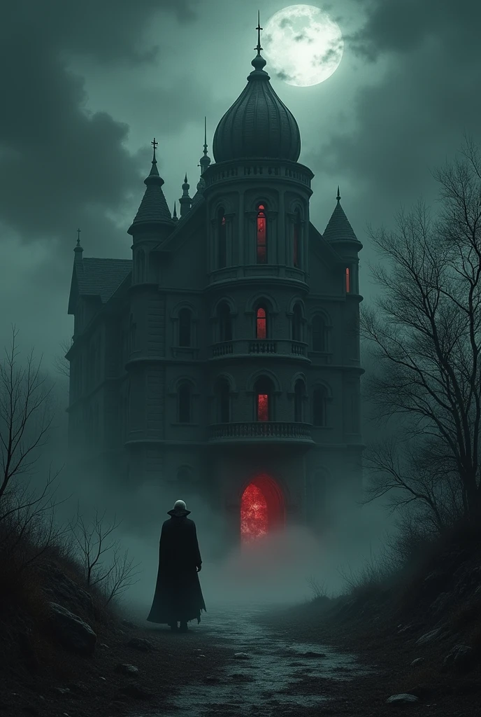 Dark,a old ancient building, bampire,black cloud, deep fog,smoke,red sun.