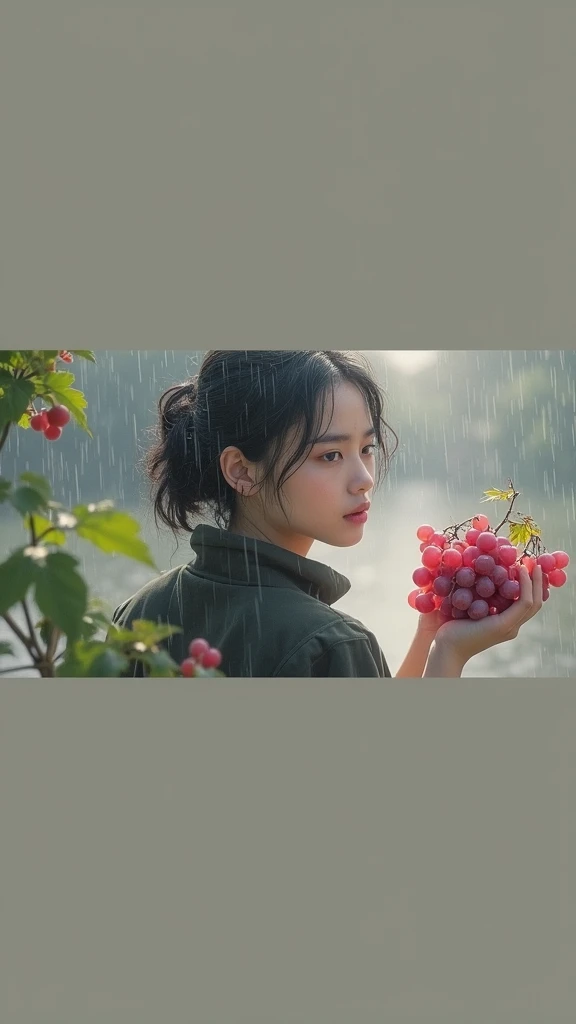 in the rain, afternoon, perfect expression, holding red grapes,