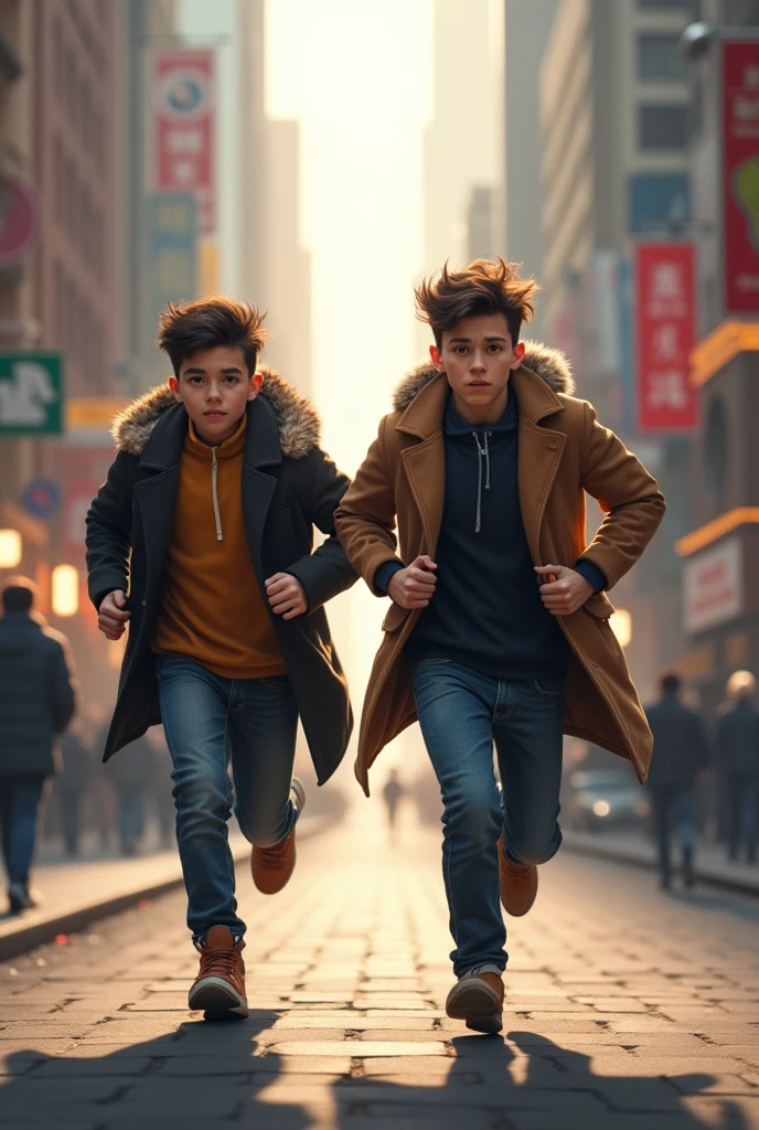 2 boys of 18 years running in coat in street behind scene