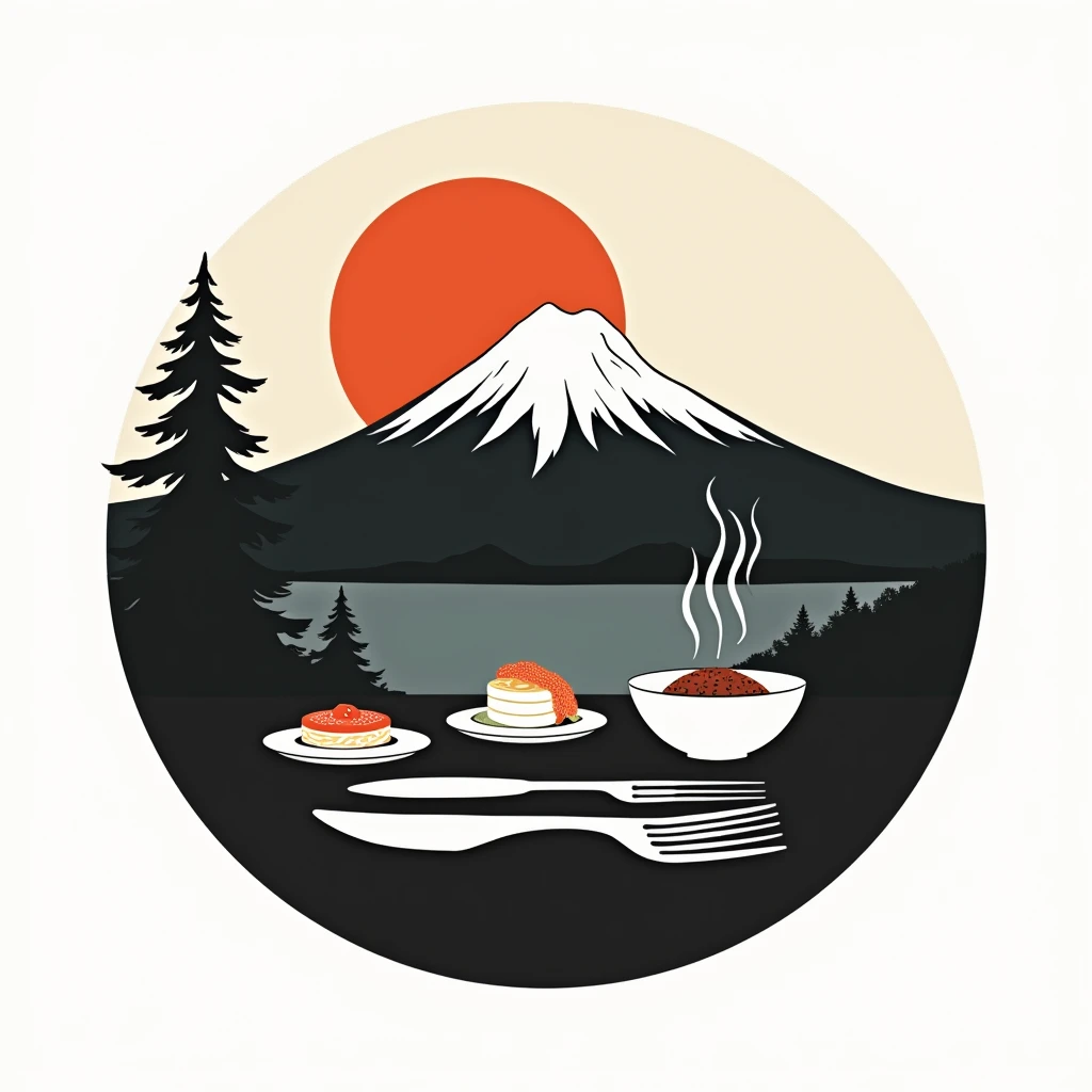 Logos of restaurants in the mountains rich in nature in Japan
Restaurant logo with a view of Mt. Fuji
the sun
Circle-shaped logo marks,
A logo that shows that it is a delicious restaurant
a restaurant rich in nature
A stylish, small knife and fork on the terrace table, polite,
The dishes are steaming
a small pine tree
attract tourists
chic
Mt. Fuji is painted with only silhouette, pop and border only
Logos are pop, stylish and silhouette-only logo marks
White background
Black and white two-tone coloring design
achromatic design
elegant design
Italian and Japanese restaurants
Match between Japanese and I, harmony
Pretty cool
Stylish design
chic and modern design