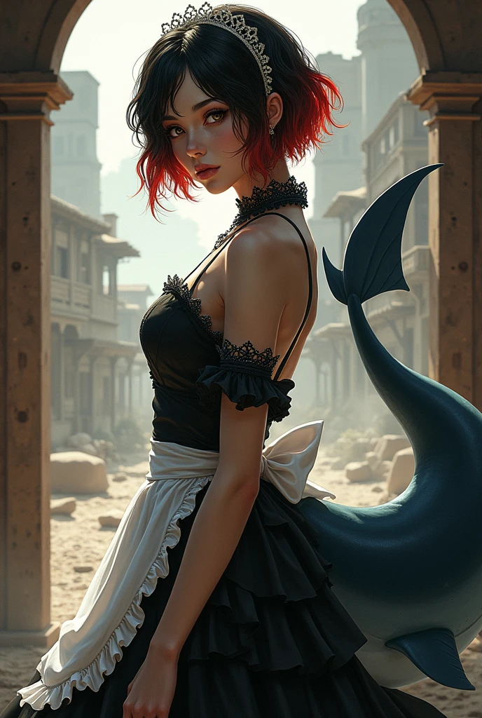 She is a beautiful woman with short black hair that has red tips. She has tanned skin and a shark tail. She wears a black and white maid dress, a want a mature style, in a fantasy rpg art, in the old west