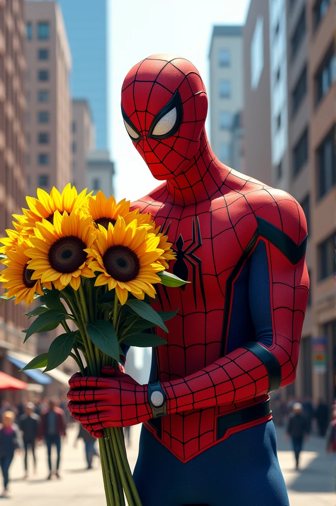 Make spiderman holding a bouquet of sunflowers