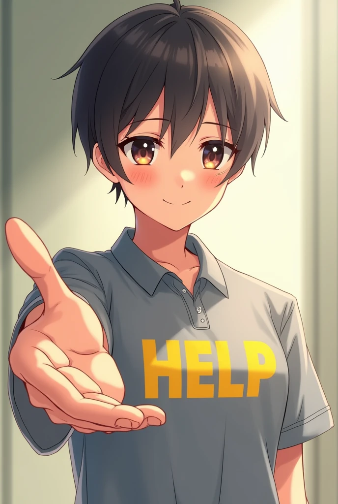 A person extending his hand as if to help the screen with a soft smile on his face and engaging and caring being ready to help, with a gray polo shirt with help written in yellow, in anime manga