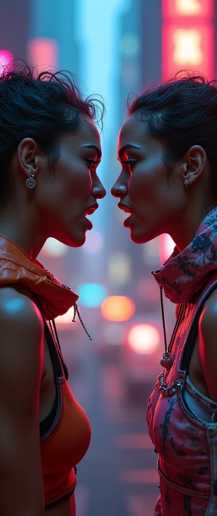 a staged rap battle battle between 2 women, detailed facial features, detailed skin, detailed clothing, dynamic poses, intense expressions, urban city background, neon lights, cinematic lighting, vibrant colors, high contrast, gritty, street art style, hyper realistic, 8k, best quality, masterpiece