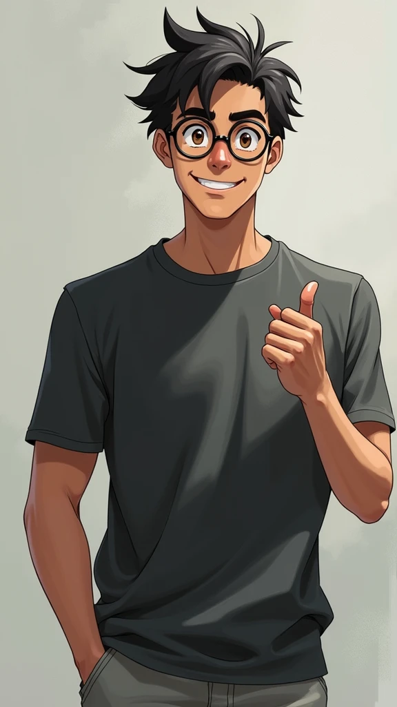 I want a man with thick eyebrows and full mouth with round glasses in anime style and Black Brown eyes and a Very short hair and smiling looking forward