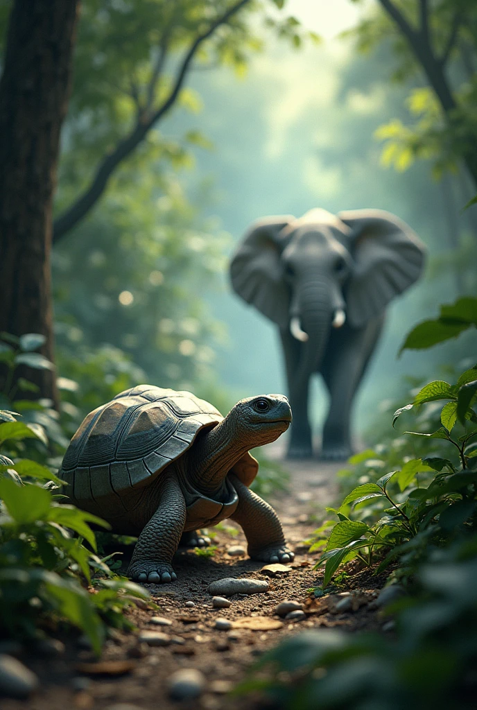 When the tortoise arrived at the secret place, he began to sing the chant: "Gwon Gwon Gwon Gwon," and the path to the yam opened up andThe elephant, watching from a distance, memorized the chant and waited for the tortoise to leave