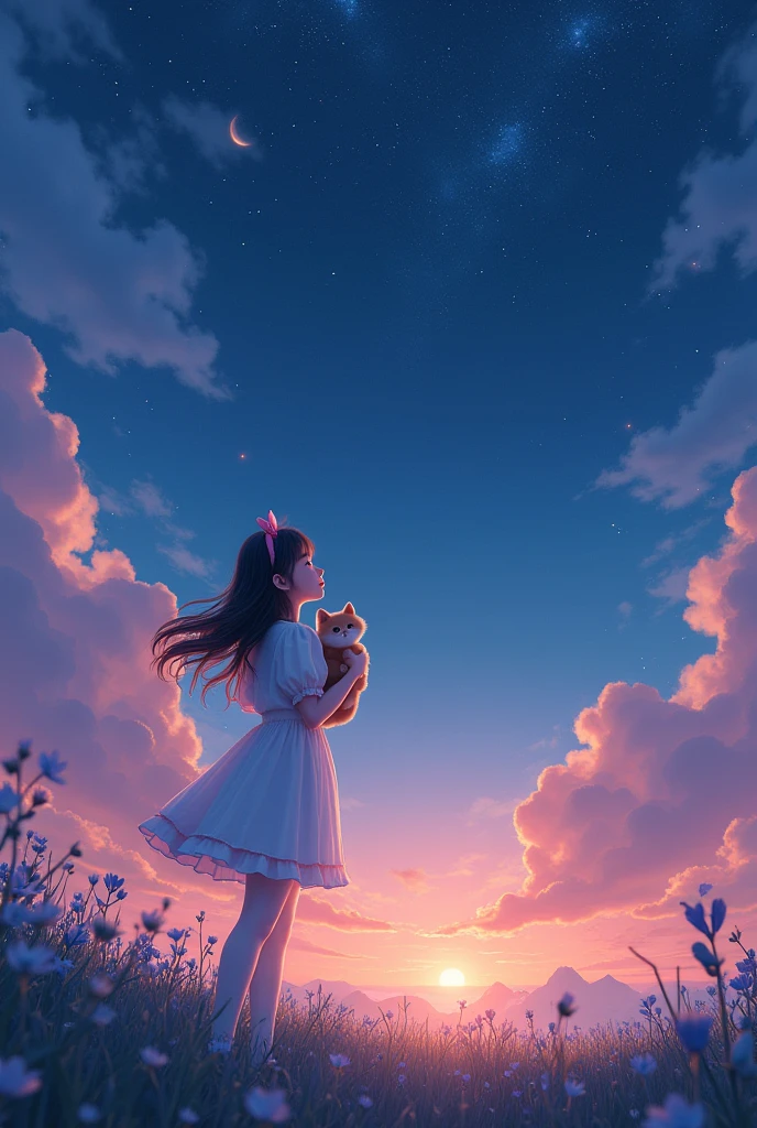 unparalleled masterpiece, ultra realistic 8k CG,masterpiece,pov,(delicate photograph,ultra_detailed,16k,raw photo:1.3),(realistic:1.9,photorealistic:1.9), (detailed sunrise scenery, star night,),On a quiet night, a in white tights with a pink bow is holding a tanuki cat and looking at the stars, dynamic streaks, vibrant colors, (night:1.2),dreamy,soul