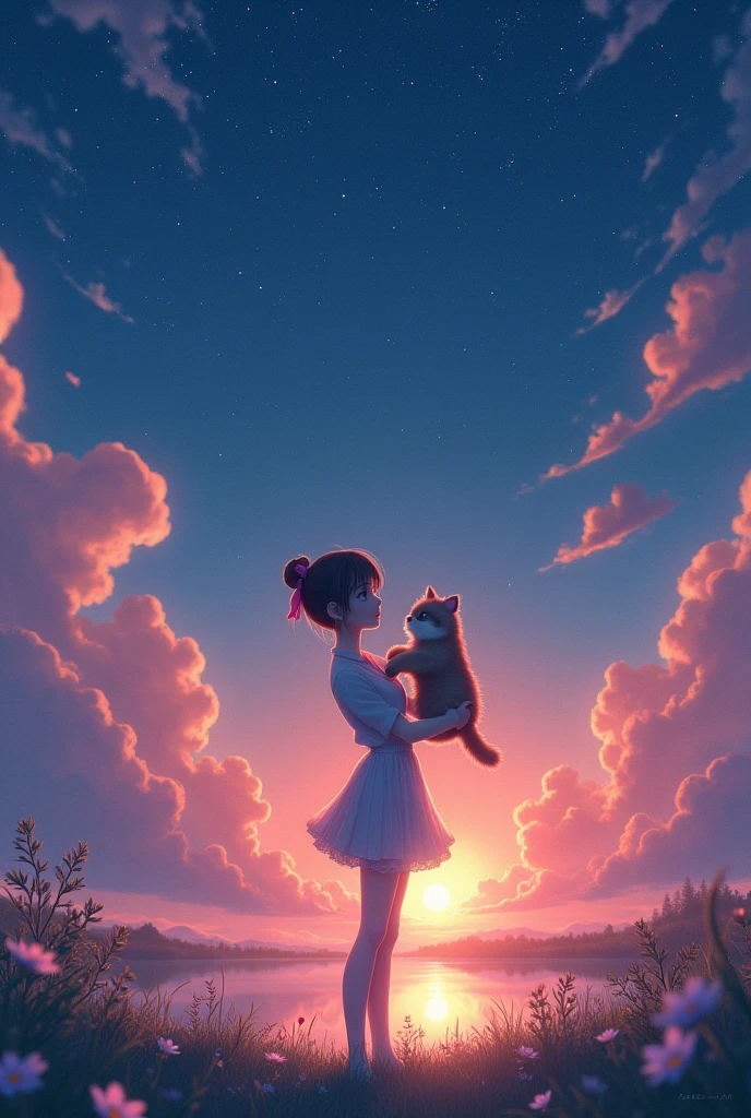 unparalleled masterpiece, ultra realistic 8k CG,masterpiece,pov,(delicate photograph,ultra_detailed,16k,raw photo:1.3),(realistic:1.9,photorealistic:1.9), (detailed sunrise scenery, star night,),On a quiet night, a in white tights with a pink bow is holding a tanuki cat and looking at the stars, dynamic streaks, vibrant colors, (night:1.2),dreamy,soul