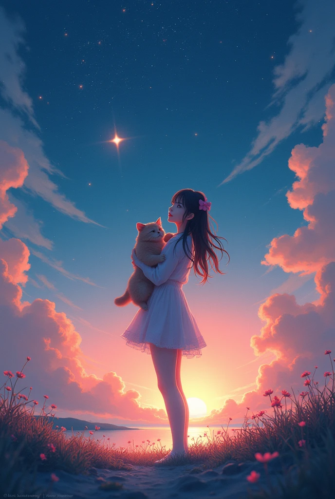 unparalleled masterpiece, ultra realistic 8k CG,masterpiece,pov,(delicate photograph,ultra_detailed,16k,raw photo:1.3),(realistic:1.9,photorealistic:1.9), (detailed sunrise scenery, star night,),On a quiet night, a in white tights with a pink bow is holding a tanuki cat and looking at the stars, dynamic streaks, vibrant colors, (night:1.2),dreamy,soul