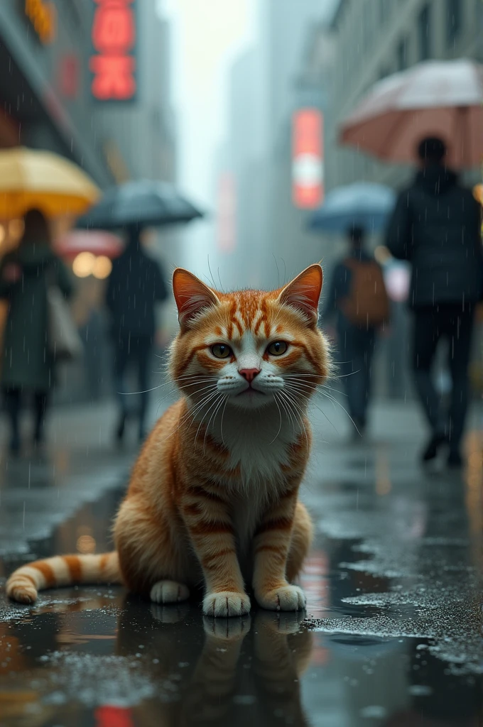 Wet cat in the middle of the rainy crowd