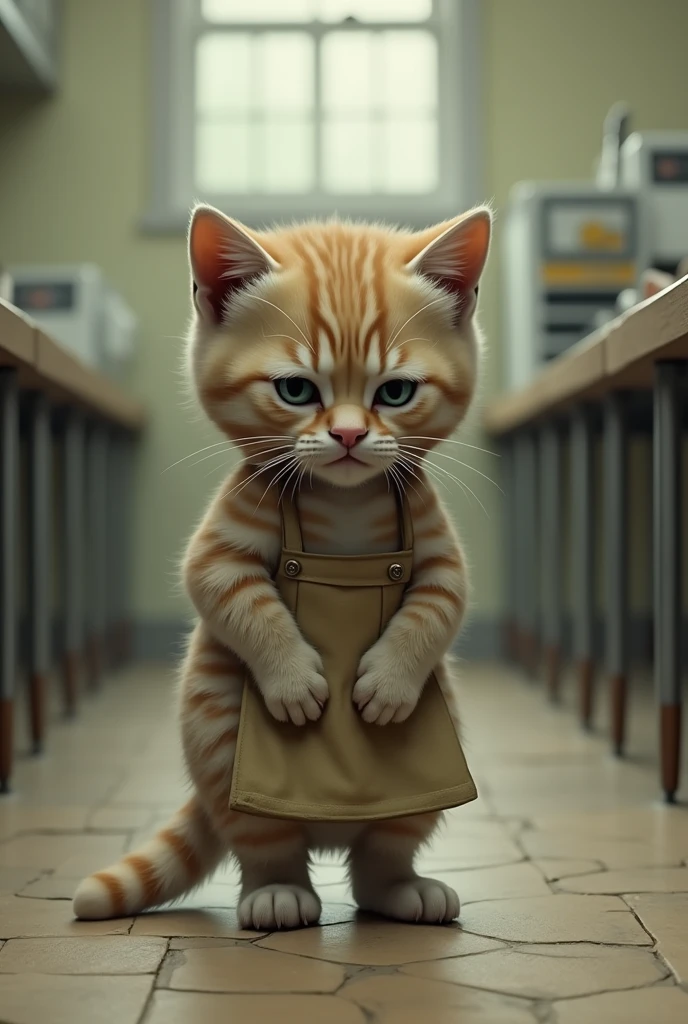 School lunch attendant　kitten　upright　Have nothing