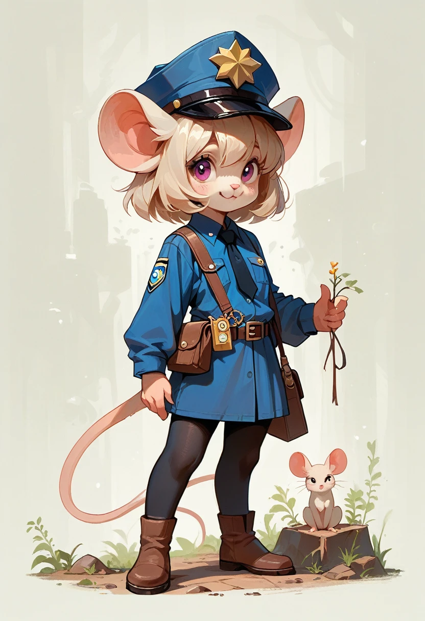 Imaginative concept art of a cute creature inspired by Lora, with the appearance of a mouse and dressed as a policeman. (CuteCreatures tag weighted at 0.9)