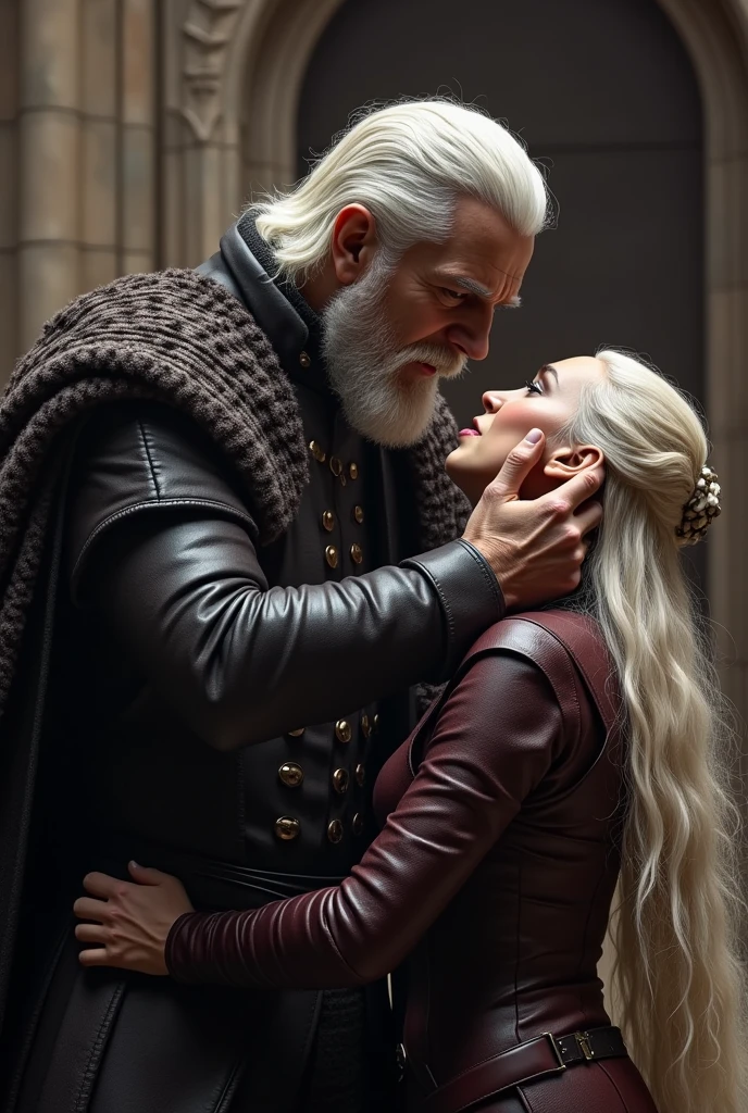 Daemon Targaryen grabbing Daenarys Targaryen by the neck with his right hand in an angry manner