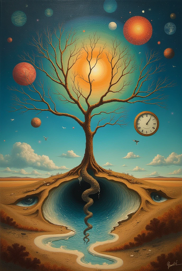 Theme: SURREALISM by Salvador Dali
5 seasons 
Time? (Is time even real?)
In a void like place with seasons 
With only one tree (the tree of existance)
With two clock. one is a normal clock and one is a melting clock
And make it easy to paint 