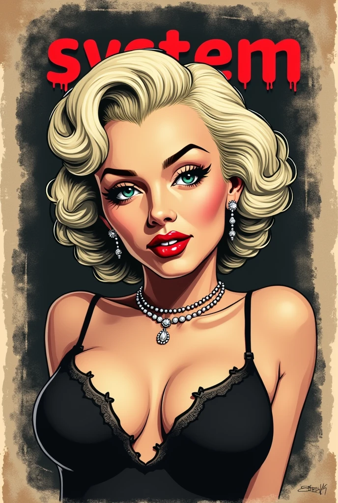 Merlin Monroe in the cartoon! style of the mafia board game, in a on a dark beige background 
