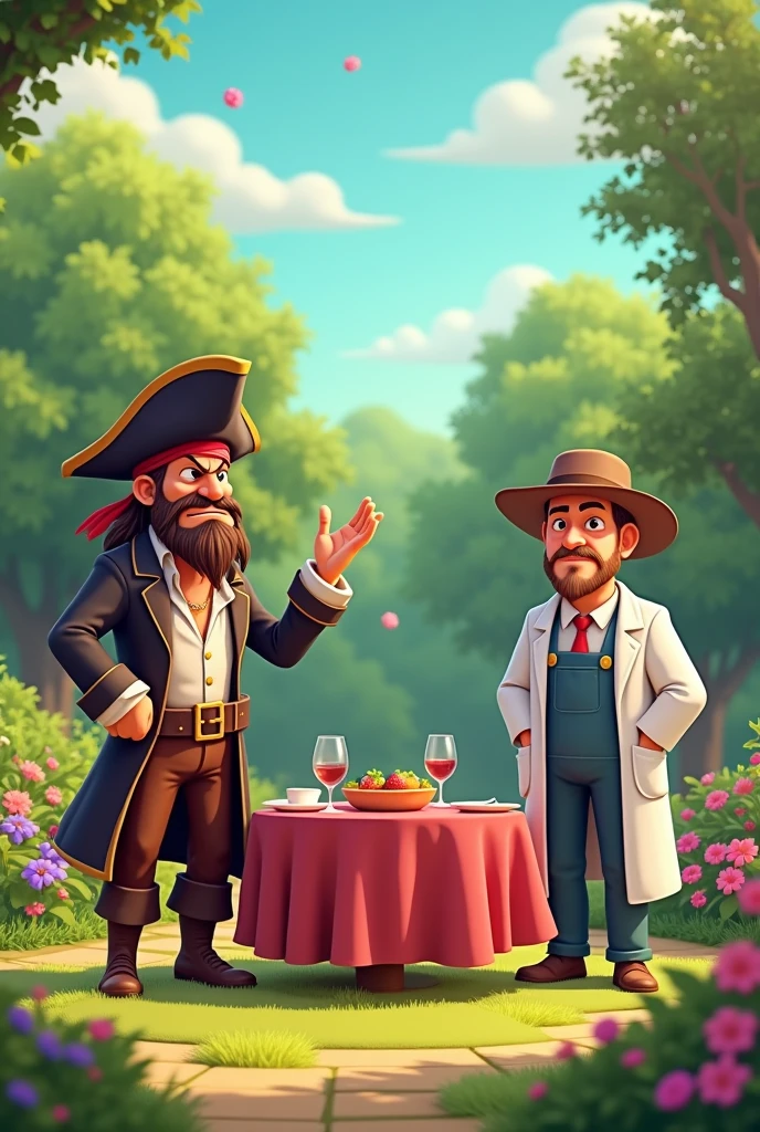 animated scene of a simple garden with a table. a grumpy pirate standing on one side of the table. a doctor and a gardener standing on the other. the pirate is singing. the doctor and Gardner seem annoyed by the pirate