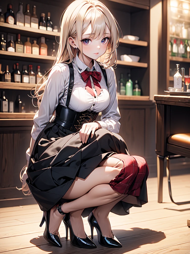 (masterpiece, best quality, highest quality, Masterpiece, 8k:1.5), (kawaii:1.2), (Full Body Shot,Including face,1girl,Focus on the face,Symmetrical facial features), Beautiful woman, (slender), ((High heels)), Detailed depiction of the face, Black Eyes,Cafe,bar, (Red checked skirt,corset,clerk,uniform),Inside the store, (multiple:-1.2),(Forward bending:1.5),squat