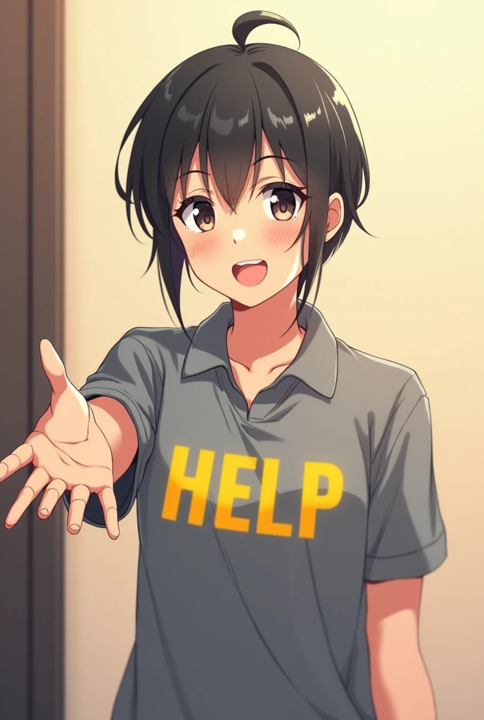 A person extending his hand as if to help the screen with a soft smile on his face and engaging and caring being ready to help, with a gray polo shirt with help written in yellow, in anime manga