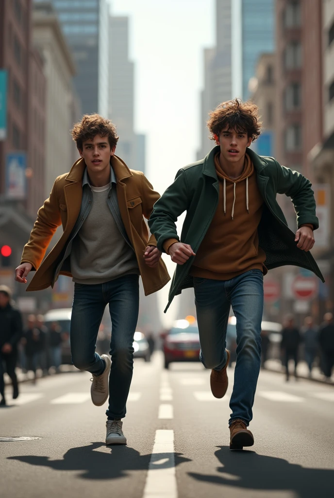 2 boys of 18 years running in coat in street from behind scene