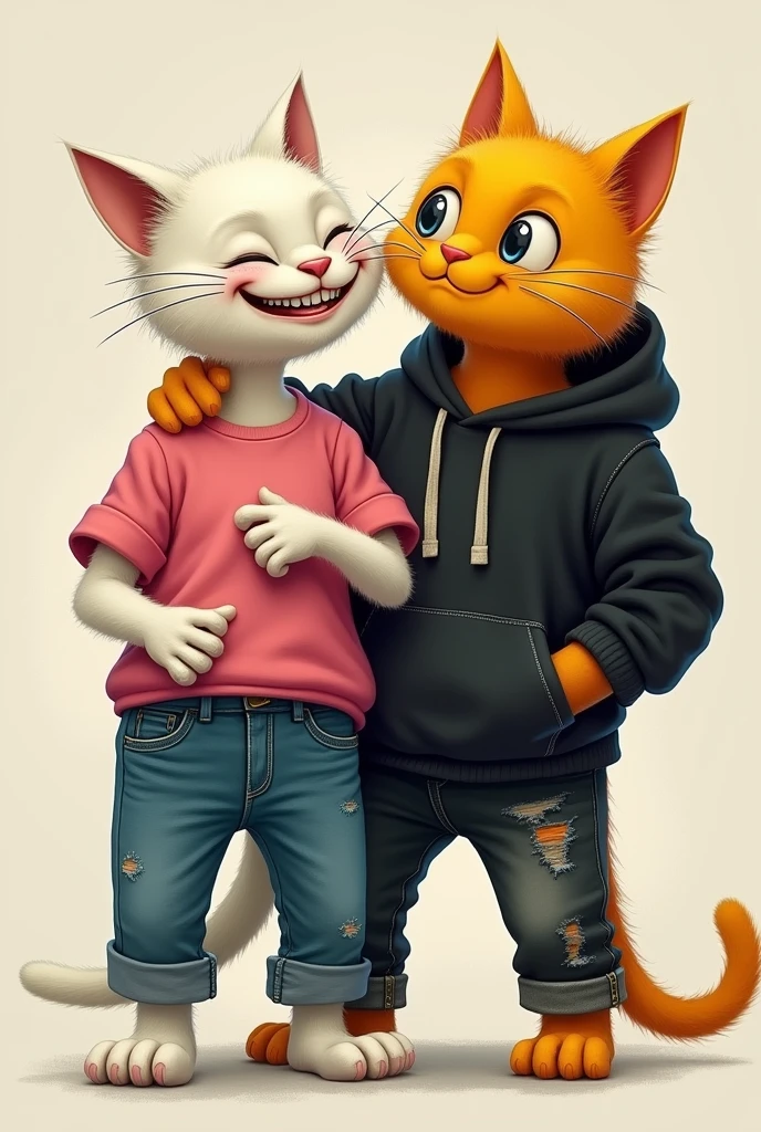 A bony smiling white cat dressed in pink top and blue jeans supported by yellow cat dressed in tattered black hoodie and black jeans to walk