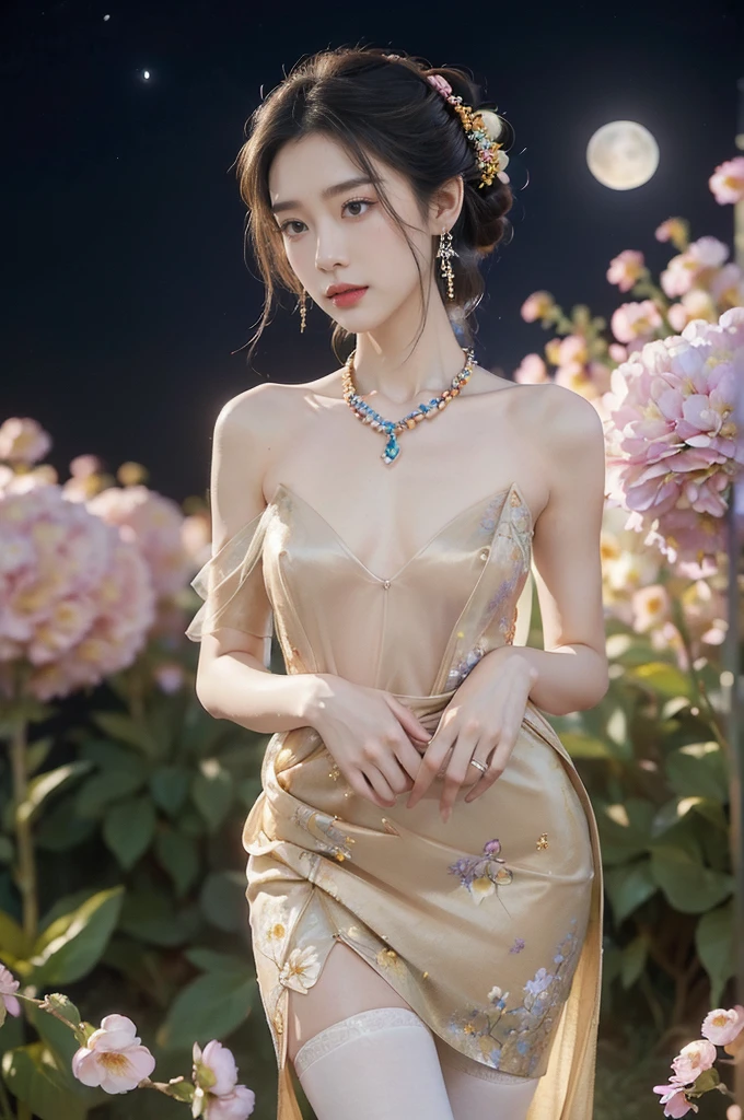 (((best quality))),(((ultra detailed))),(((masterpiece))),illustration,((1 beautiful girl,solo)),(neat chignon:1.2),((earrings,crystal necklace)),((slim,thin)),((small breasts,flat chest)),(slender legs:1.2),(stockings:1.3),(a moon in the clear night sky as the background:1.3), gentle glow,(Standing in the world full of vibrant flowers:1.3),(gorgeous Chinese dress:1.3),sparkling eyes,graceful,(surrounded by crowded colorful flowers:1.5), kaleidoscope, shimmer,bright moonlight, delicate petals, fragrance, otherworldly, magical realm, enchantment, tranquility, essence of beauty, peace,(outdoor:1.),(night scene:1.3),((from front,upper body))