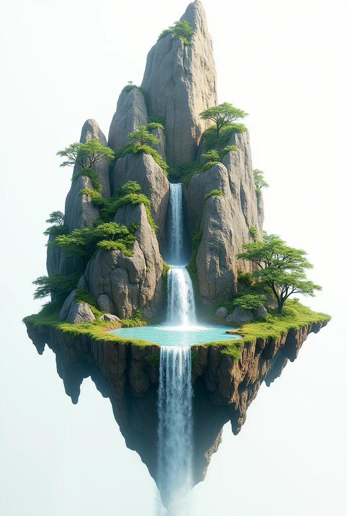 create image of a flying mountain different geological rocky materials with waterfall and tree grass and with white background without mountain in the background without mountain in the background