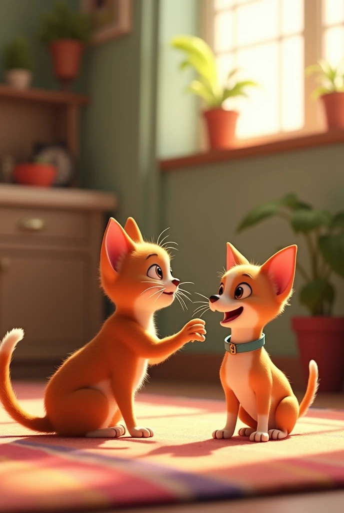 Pixar-style cat and happy chihuahua being fed by owner