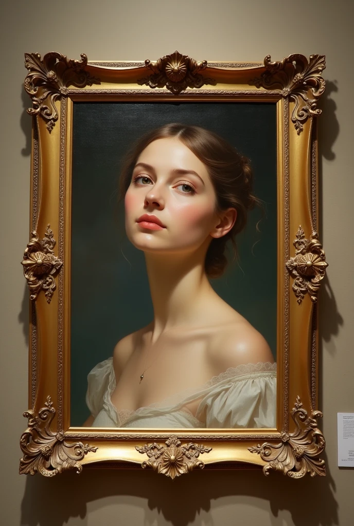 A beautiful golden picture frame with a painting of a girl in it was on the wall in the Remote Picture Museum.