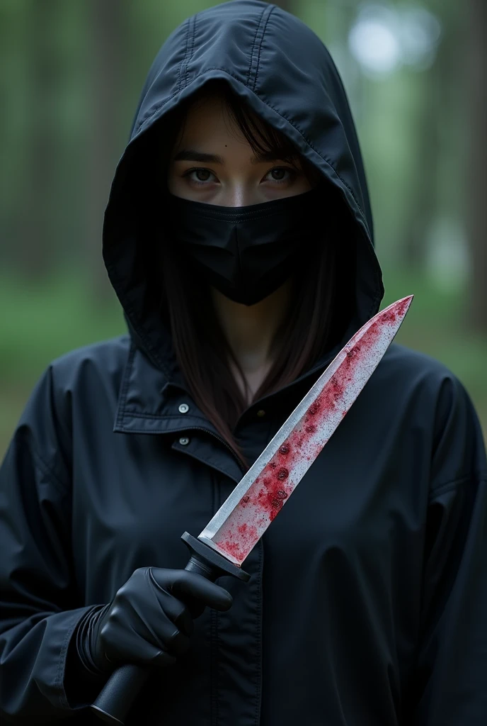 2 korean girl, (by the stiff, bloody knife), stabbing, black surgical mask, black gloves, night forest, night, black raincoat, hood up, holding knife, black gloves, 20 years old, woman on top, by the cadaver, blood splatter, mass murderer, killer, blood splatter,