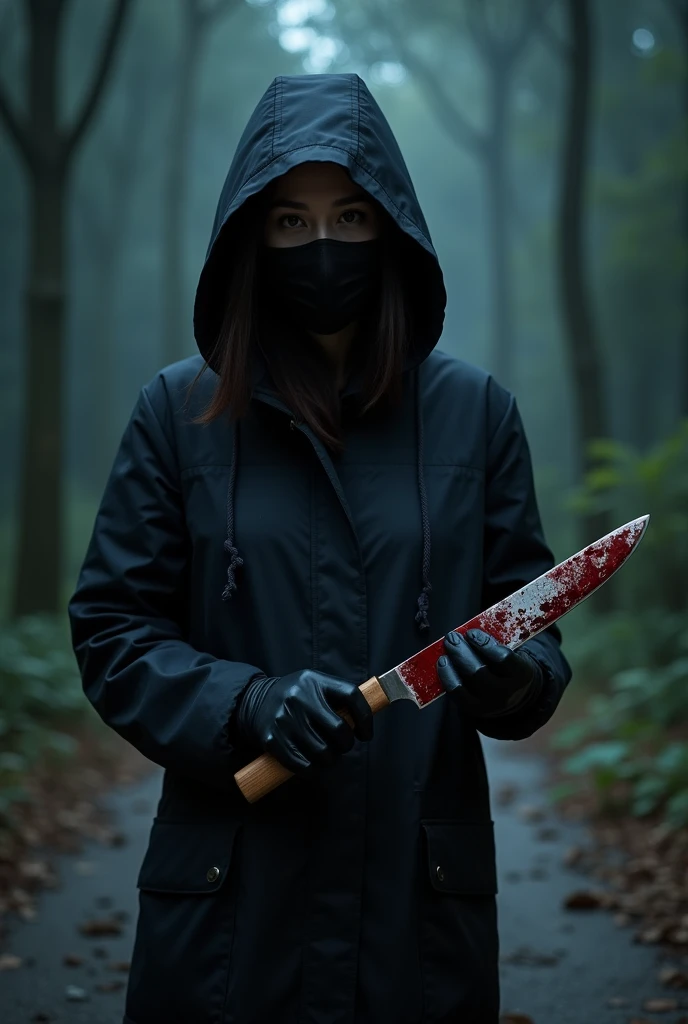 2 korean girl, (by the stiff, bloody knife), stabbing, black surgical mask, black gloves, night forest, night, black raincoat, hood up, holding knife, black gloves, 20 years old, woman on top, by the cadaver, blood splatter, mass murderer, killer, blood splatter,