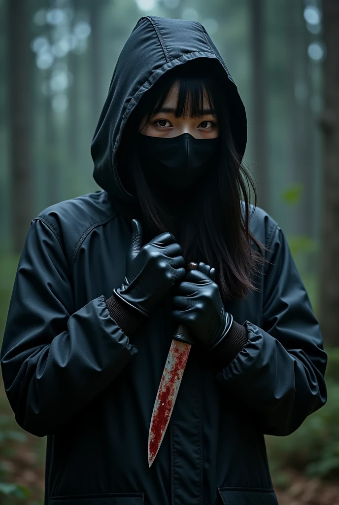 2 korean girl, (by the stiff, bloody knife), stabbing, black surgical mask, black gloves, night forest, night, black raincoat, hood up, holding knife, black gloves, 20 years old, woman on top, by the cadaver, blood splatter, mass murderer, killer, blood splatter,