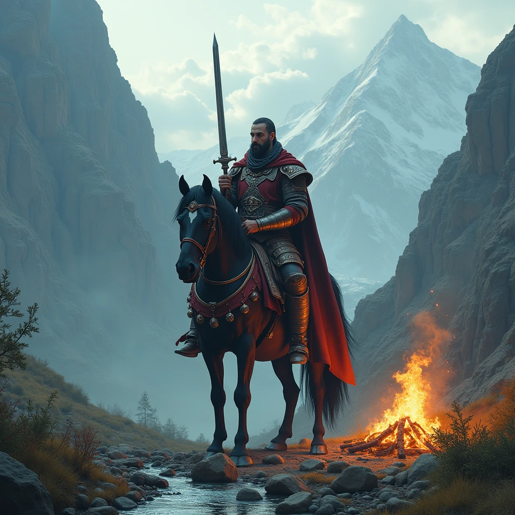 A turk warrior, black horse, sword, mountains, fire, clouds, stream, trees, grass.