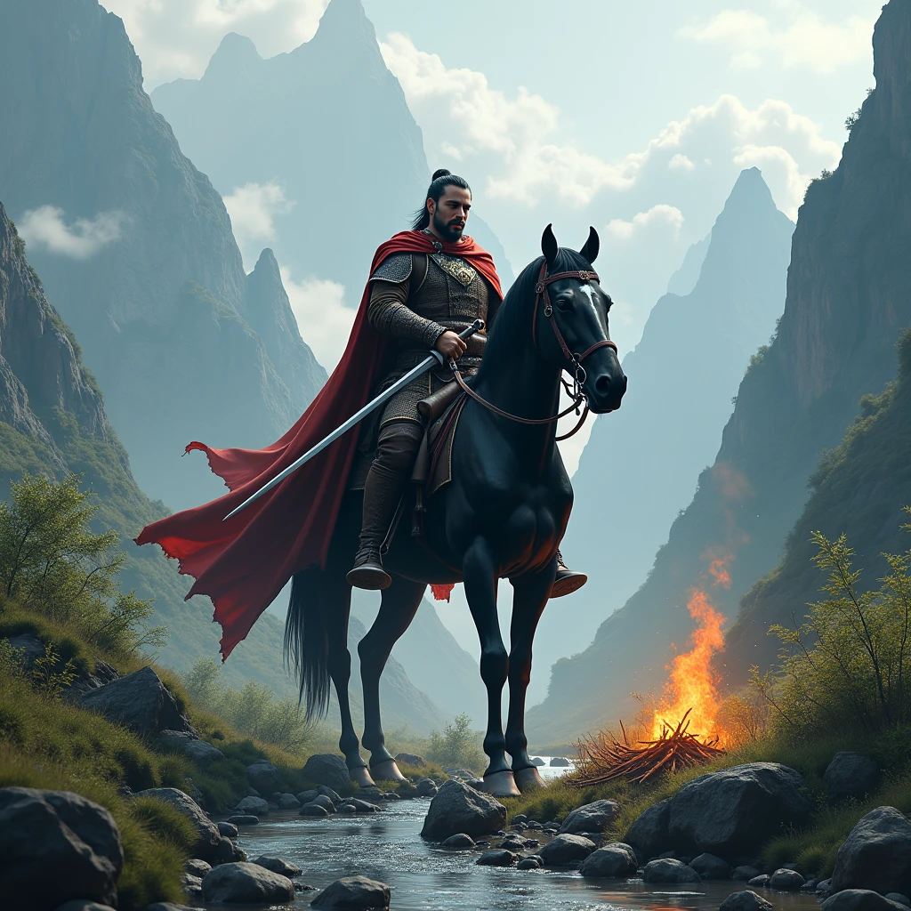 A turk warrior, black horse, sword, mountains, fire, clouds, stream, trees, grass. 