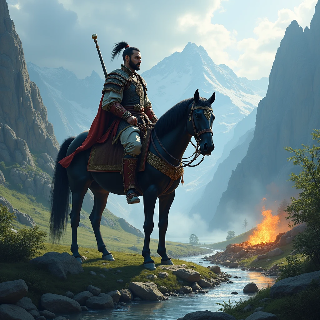 A turk warrior, black horse, sword, mountains, fire, clouds, stream, trees, grass. 