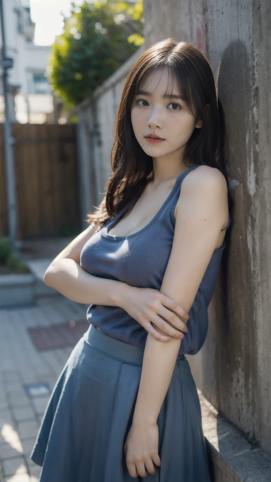 ((1girl)), woman, masterpiece, best quality, highest quality, cinematic lighting, (volumetric lighting), extremely detailed CG unity 8k wallpaper, focused, 8k wallpaper, extremely detailed, ultra realistic, photorealistic, sharp focus, absurdres, (HDR:1.2), (high contrast), photograph, detailed and intricate, instagram, portrait, highly detailed, digital painting, artstation, concept art, smooth, sharp focus, illustration, cinematic lighting, (big breast:1.3), (((skinny, slim legs))), (japanese idol posture), (knit strap tank top, skirt, open shoulder, open chest, cleavage), looking at the viewer, ((indian pose)), ((Medium body shot, hip level shot)), long hair, ((leaning on a wall)), beautiful eyes.