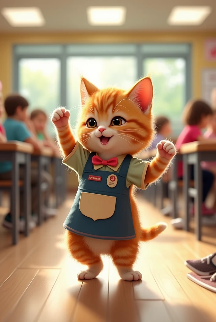 School lunch attendant kitten upright dance